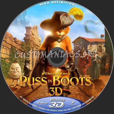 Puss In Boots 2D + 3D blu-ray label