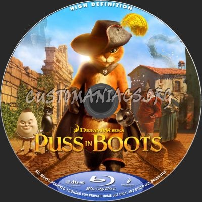 Puss In Boots 2D + 3D blu-ray label