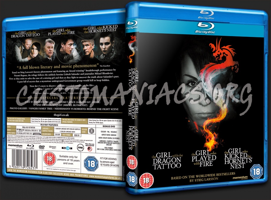 The Girl Who Trilogy (Dragon Tattoo, Played With Fire, Kicked the Hornets' Nest) blu-ray cover